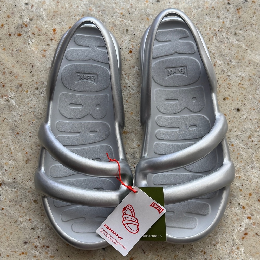 Camper | platinum silver metallic kobarah flat sandals.